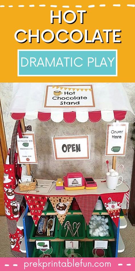 A Hot Chocolate stand is the perfect addition to your Dramatic Play Space during these cold winter months. Setting up this invitation is easy with this Dramatic Play Printable Pack. Your kids are going to love it! Dramatic Play Stand Ideas, Hot Cocoa Stand Preschool, Preschool Winter Dramatic Play Ideas, Monthly Dramatic Play Themes, Hot Cocoa Dramatic Play Preschool, Hot Cocoa Dramatic Play Free, Kitchen Dramatic Play Preschool, Christmas Dramatic Play Ideas, Winter Invitation To Play