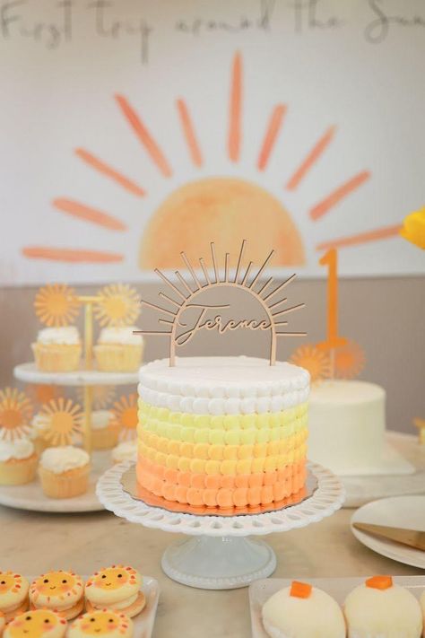 First Birthdays Ideas, First Birthday Cake Sunshine, Second Trip Around The Sun Birthday, Sun Cake First Birthday, Half Way Around The Sun Birthday, Sun 1st Birthday Cake, One In The Sun First Birthday Cake, Boho Sun Birthday Cake, Sun Sheet Cake