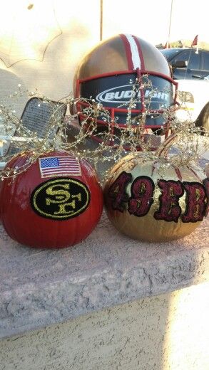 My custom 49er pumpkins and helmet 49ers Pumpkin Painting, Forty Niners, Halloween Pumpkins Painted, Painted Pumpkins, Holiday Diy, Pumpkin Decorating, Halloween Pumpkins, Halloween Themes, Football Helmets