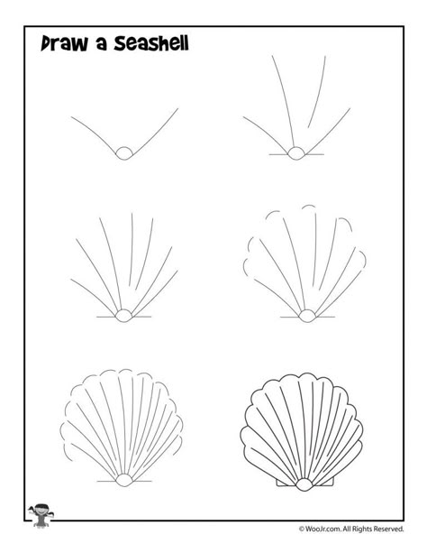 How to Draw for Kids: 12 Ocean Animals to Draw, Step by Step | Woo! Jr. Kids Activities How To Draw A Seashell Step By Step, Seashell Art Drawing, How To Draw The Ocean, Drawing Ideas Ocean Animals, Shell Drawing Step By Step, How To Draw Sea Creatures Step By Step, How To Draw Ocean Animals, How To Draw A Wave Step By Step, Ocean Animal Paintings Easy