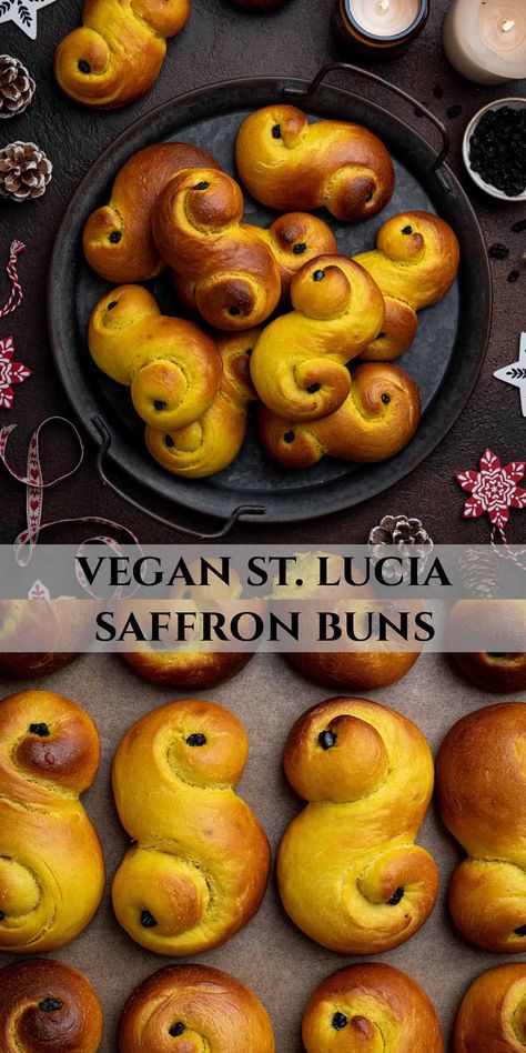 Vegan St. Lucia buns - these delicious Scandinavian saffron buns are traditionally baked in Sweden and Norway for St. Lucia's day (December 13th), and are known as Lussekatter because they look like curled up cats.

Flavoured with saffron and a touch of cardamom, these soft, fluffy, sweet buns are a delicious festive treat. Pagan Food Recipes, Vegan Swedish Recipes, Vegan Breakfast Pastries, Lucia Buns Recipe, Solstice Food, St Lucia Buns, Saffron Buns, Scandinavian Recipes, Vegan Brunch Recipes