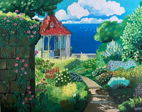 Porco Rosso Garden, Porco Rosso Landscape, Peaceful Canvas Painting Ideas, Ghibli Artwork Landscape, Studio Ghibli Cottage, Ghibli House Drawing, Studio Ghibli City, Studio Ghibli Art Landscape, Studio Ghibli Garden