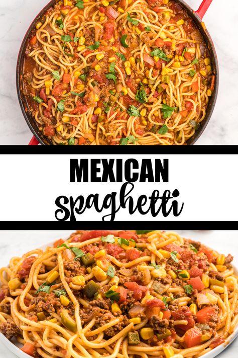 Two image collage of mexican spaghetti. The first image is an overhead photo of the spaghetti in a pan. The second image is side view of the spaghetti on a plate. Beans And Noodles, Red Beans And Rice Recipe Crockpot, Mexican Spaghetti, Southwest Recipes, Spaghetti Recipes Easy, Keto Beef Recipes, Beef Steak Recipes, Meatball Recipes Easy, Homecooked Meals