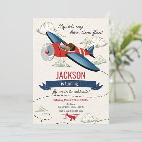 Airplane Birthday Invitation Vintage Time Flies | Zazzle.com Airplane Themed Birthday Party, Couple Illustration Wedding, Unique Party Themes, Baby Birthday Invitations, Illustration Wedding, Airplane Birthday Party, Vintage Invitations, Couple Illustration, Time Flies