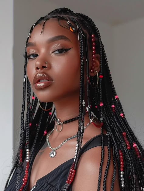 Tribe Braided Hairstyles, Braids With Jewels Black Women, Thick Braids With Beads, Peek A Boo Braids With Beads, Cool Braided Hairstyles Unique, Short Relaxed Hair Hairstyles, Hair Beads Hairstyles, Box Braids Green And Black, Braided Styles With Beads