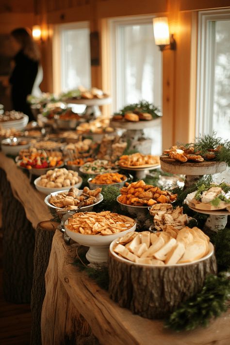 Wedding Buffet Outdoor, Soup Bar At Wedding Reception, Unique Wedding Catering, Countertop Food Display, Winter Wedding Grazing Table, Wedding Sweets Ideas, Gourmet Buffet Ideas, Farm To Table Catering, Winter Wedding Charcuterie Table