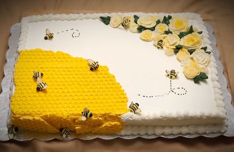 Bee Themed Sheet Cake, Bee Sheet Cake, Honey Bee Baby Shower Cake, Bumble Bee Baby Shower Cake, Bee Baby Shower Cake, Zoe Cake, Baby Shower Sheet Cakes, What Will Baby Bee, Honey Bee Baby Shower