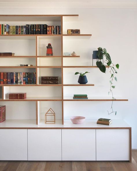 White formply working its charm in this custom built shelving and storage joinery. Designed and built by us. #plywood #shelving #custom… Plywood Shelving, Built In Shelves Living Room, Wall Shelves Design, Living Room Shelves, Room Shelves, Shelf Design, Wall Unit, Book Shelf, My New Room