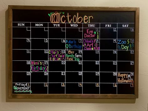 This is a chalkboard calander purchased from Hobby Lobby and decorated for the month of October using Loddie Doddie chalk markers. October Chalk Calendar Ideas, August Calendar 2023 Chalkboard, October Chalkboard Calendar Ideas, August Calendar 2024 Chalkboard, January Chalk Calendar, October Dry Erase Calendar Ideas, October Chalkboard Art Calendar, Monthly Chalkboard Ideas, September White Board Calendar Ideas