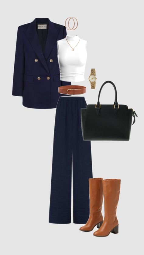 #navyblue #cognac #oldmoney #elegant #classy #outfit #fashion #aesthetic Preppy Classy Outfits Aesthetic, Navy And Chestnut Outfit, Classy Navy Outfits, Navy Heels Outfit, Navy Blue Outfit Ideas Classy, Navy Blue Casual Outfit, Navy Blue And Grey Outfit, Navy Blue Bag Outfit, Navy Blue And Brown Outfit