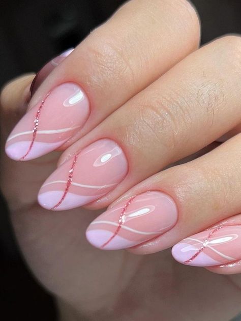 light pink and glitter swirl nails Nail Art For Short Round Nails, French Round Nails Design, Short Gel Nail Designs Classy Simple Pink, Short Pink Acrylic Nails Design, Pink Round Nails Design, Pretty Pink Nails Design, Nails For Older Women Over 50 Nailart, Rounded Nails Designs, Pretty Classy Nails