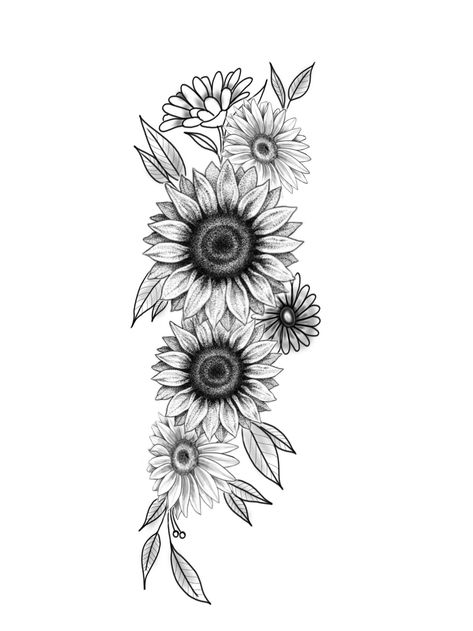 Floral Tattoo With Sunflower, Women’s Sunflower Tattoo, Sunflower Tattoos Shoulder, Hip Tattoo Sunflower, Sunflower Side Tattoos Women, Floral Underbust Tattoo, Lillies And Sunflowers Tattoo, Mandala Floral Tattoo Design Sleeve, Minimal Forearm Tattoos For Women