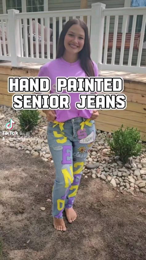 Hand Painted, Front and back personalized with graduation year, name, school logo, and grad cap School Spirit Jeans, Senior Jeans Ideas High Schools, Senior Jeans Ideas, Hoco Pants, Leaving High School, Homecoming Jeans, Senior Clothes, Hoco Jeans, Senior Painted Jeans