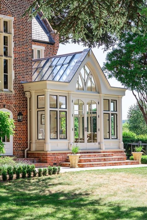 An impressive orangery addition which provides a unique space for dining and relaxing. Framework incorporates architectural bronze casements. Bronze Windows, Garden Houses, Sunroom Designs, Pool Design, Dream House Exterior, Exterior House, Exterior House Colors, House Goals, Brick House