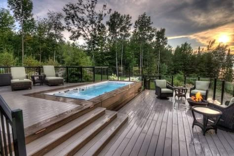 Muskoka Swim Spa and Deck - Rustic - Deck - Toronto - by Backyard Retreat Home & Leisure | Houzz Swim Spa Deck, Swim Spa Landscaping, Outdoor Swim Spa, Small Backyard Decks, Spa Landscaping, Backyard Spa, Retreat Home, Hot Tub Landscaping, Hot Tub Swim Spa