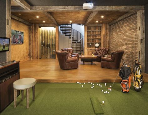 Reclaimed Wood, Hand Hewn Timbers in basement Man Cave, with golf, spiral staircase and bar. Golf Man Cave, Golf Simulator Room, Golf Room, Dream Basement, Wooden Sliding Doors, Rustic Basement, Golf Simulator, Man Cave Basement, Man Cave Home Bar