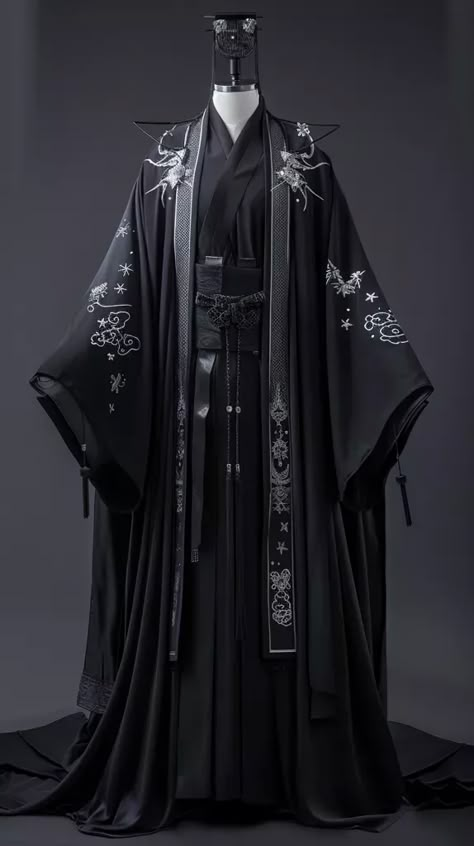 This is a picture of a black hanfu, a traditional Chinese clothing. It is made of a black fabric with silver embroidery ->> more details in ai-img-gen.com Asian Clothing Style Traditional, Chinese Kimono Traditional, Fantasy Clothing Chinese, Asian Royalty Clothing, Male Qipao, Chinese Clothes Traditional, Chinese Male Traditional Clothing, Chinese Tradional Clothing, Chinese Royal Clothing