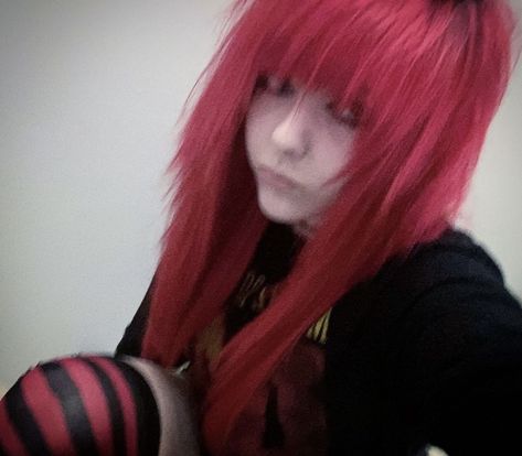 Red fringe bangs haircut Emo Makeup Colorful, Scene Hair Straight Bangs, Scene Hair Not Styled, Emo Split Dyed Hair, Scene Hair With Bangs, Rainbow Emo Hair, Scene Hair Reference, Shag Scene Hair, Scene Red Hair