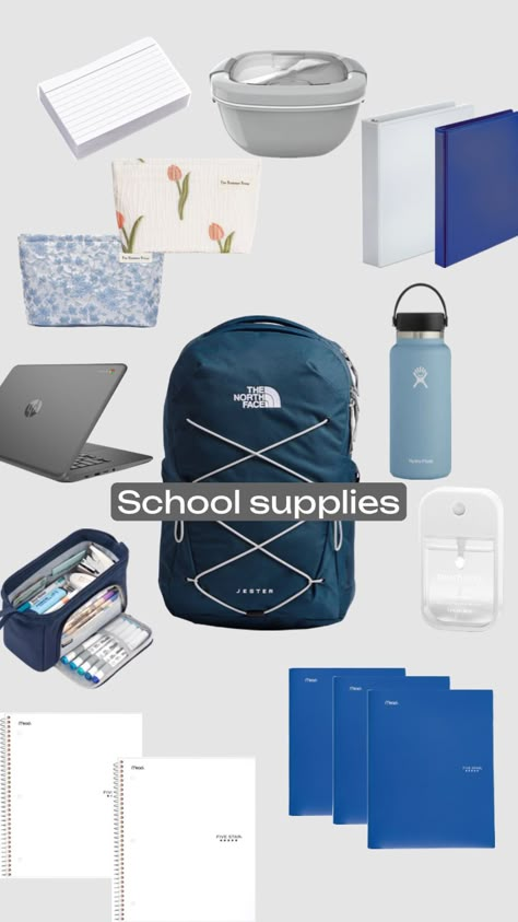 School supplies navy+white Blue Aesthetic School Supplies, Blue And White School Supplies, Navy Blue Backpack Aesthetic, School Supplies Aesthetic Blue, Navy Blue School Supplies, Coastal School Supplies, Aesthetic School Supplies Themes, High School Prep, School Necessities