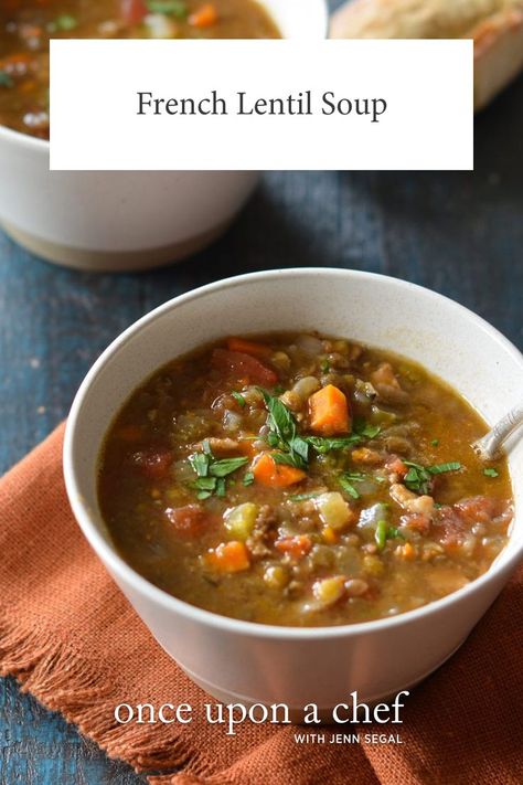 Do you need a hearty winter soup to take away the winter blues? This French Lentil Soup is just the ticket for an easy weeknight dinner. The key to success is to use French green lentils, which hold their shape when cooked and thicken the soup without turning it to sludge (which is, sadly, the fate of most lentil soups). Lentil And Vegetable Soup, French Lentil Soup, Soup With Bacon, French Green Lentils, Green Lentil, Once Upon A Chef, French Lentils, Pasta Fagioli, Green Lentils