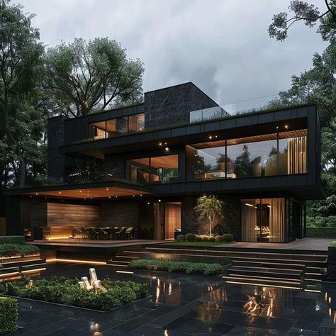 Luxury Villas #exteriordesign #outdoordesign #luxuryhomes #luxuryfurniture #luxurygarden #luxuryhouse #interiordesign #interiordecor #designlovers #luxuryhouse Dark Modern House Exterior, Modern House Backyard, Modern Black Houses, Dark Houses, Dark Modern House, Twilight House, Dark Luxury, Glass House Design, Luxury Houses Mansions