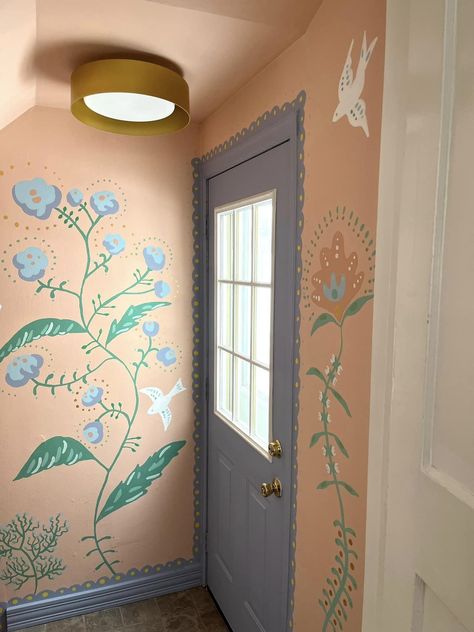 Cricut Interior Design, Hallway Wall Mural, Cottage Core Mural, Fun Hallway Ideas, Diy Wall Stamp, Doorway Mural, Bedroom Mural Ideas, Painted Wall Design, Whimsical Mural