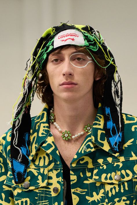 Charles Jeffrey Loverboy Spring 2024 Men’s Fashion Show Details | The Impression Charles Jeffrey Loverboy, Charles Jeffrey, Menswear Accessories, Wig Hat, New Romantics, Year 3, Club Kids, Textile Artists, Mens Accessories Fashion