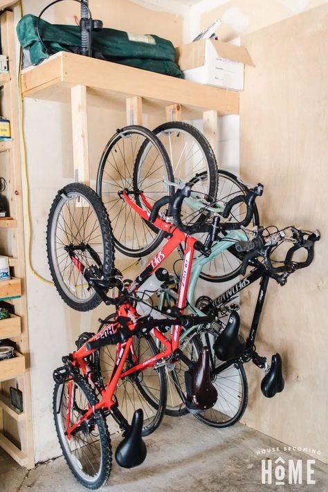 How to Make an Easy and Affordable Space-Saving DIY Bike Rack Bike Rack Ideas, Custom Bikes Bicycles, Diy Bike Storage, Standing Bike Rack, Hanging Bike Rack, Bicycle Storage Shed, Rack Velo, Diy Bike Rack, Bike Rack Garage