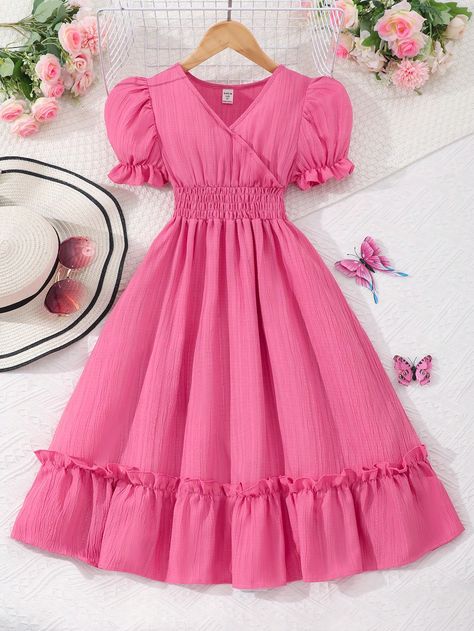 Watermelon Pink Cute Collar Short Sleeve Fabric Plain A Line Embellished Non-Stretch  Tween Girls Clothing Simple Clothes Design, New Trending Dress, Girls Dress Design, Frock Designs For Women, Classy Short Dresses, Simple Frock Design, Long Frock Designs, Fashion Show Dresses, Long Gown Design