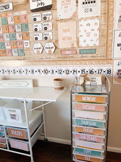 This image shows a boho classroom theme with neutral colors, plants, white beads, and posters on a boho bulletin board with a fringe border. Boho Classroom Aesthetic, Tutoring Room, Boho Classroom Theme, Minimalist Classroom, Classroom Curtains, Cozy Classroom, Groovy Classroom, Classroom Aesthetic, Teacher Job