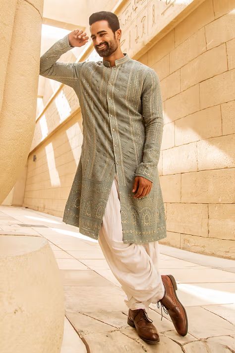 Buy Soniya G- Men Blue Lucknowi Kurta And Salwar Set Online | Aza Fashions Off White Salwar, India Fashion Men, White Salwar, Lucknowi Kurta, Indian Wedding Clothes For Men, Pathani Kurta, Mens Indian Wear, Wedding Kurta For Men, Groom Dress Men