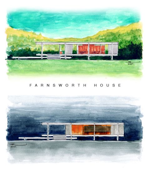 Farnsworth House by Mies van der Rohe. Watercolor and pen sketch Farnsworth House Sketch, Mies Van Der Rohe Farnsworth House, Mies Van Der Rohe Architecture, Arch Sketch, Watercolor And Pen, Farnsworth House, Ludwig Mies Van Der Rohe, Group Project, House Sketch