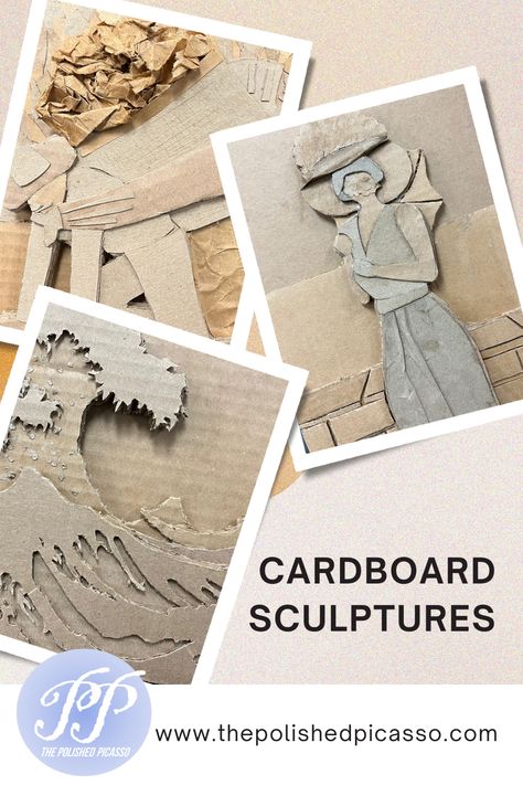 These cardboard relief sculptures make the perfect project for teaching relief sculpture to middle or high school art students. Students recreate a famous artwork of their choice using cardboard and craft paper. This unit teaches students about relief sculpture, art history, cardboard attachment techniques, and creating texture. #cardboardsculptures #highschoolartprojecct #middleschoolartproject #recycledart #cardboardart #artmadeofcardboard #sustainableartprojects #sustainableart #cardboard Cardboard Sculpture High School, 3d Cardboard Art Easy, Cardboard Art Projects High School, High School Art Sculpture Projects, 6 Grade Art Projects, Studio Art Projects High School, 3d Art Projects For High Schoolers, Middle School Art History Projects, Cardboard Art Ideas