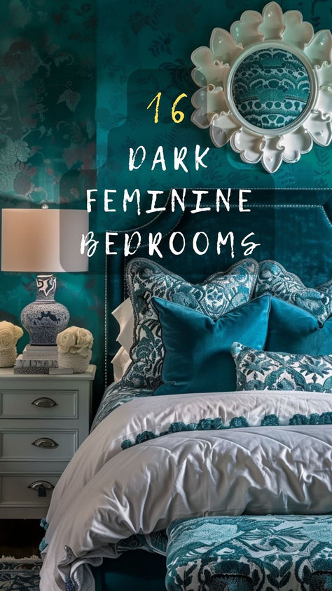 Dark Elegance Bedroom Tips! Learn How To Create A Haven Of Dark Elegance With These 16 Feminine Bedroom Ideas. Ready For Elegance? Click To Explore And Create! 🌑🌸 #DarkElegance #BedroomHaven #FeminineDecor #ExploreAndCreate #ElegantBedroom Midnight Blue Color Palette Master Bedrooms, Peacock Colors Living Room, Peacock Color Palette Bedroom, Dark Purple Walls Bedroom Ideas, Peacock Color Bedroom, Jewel Coloured Bedroom, Peacock Inspired Bedroom, Peacock Bedroom Ideas, Colour Drenching Bedroom