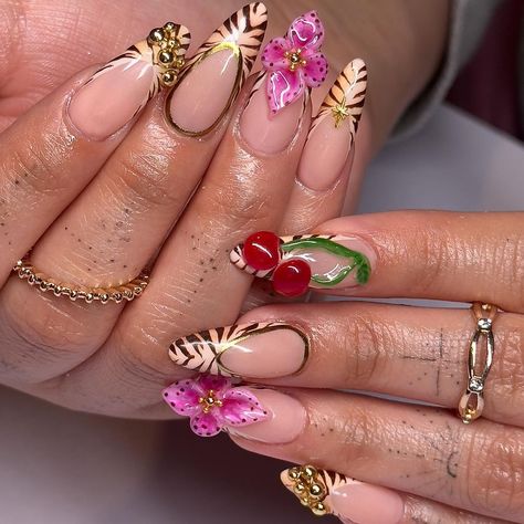 Ali the Nail Artist 🪷 | Spring sets forever please 🐅🍒🌺 • • • • • • • #nails #nailtech #lanailtech #nailart #nailartist #nailartaddict #3dnailart… | Instagram Holiday Nails Summer Almond, Girly Almond Nails, Summer Nails Long, Nail Almond, Spring Sets, Nail Long, Nails 3d, Cherry Flower, Cherry Nails