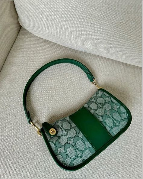 Green Purse Aesthetic, Green Coach Bag, Coach Aesthetic, Purse Aesthetic, Fancy Purses, Green Bags, Brand Name Bags, Leather Fringe Bag, Purse Coach