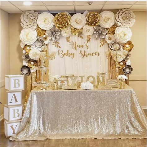 White And Gold Baby Shower Ideas, Gold Baby Shower Ideas, Medical School Graduation Party Ideas, Champagne Sequin Tablecloth, Gymnastics Meet, Baby 2024, Gold Baby Shower Decorations, Baby Shower Princess Theme, Baby Shower Party Themes