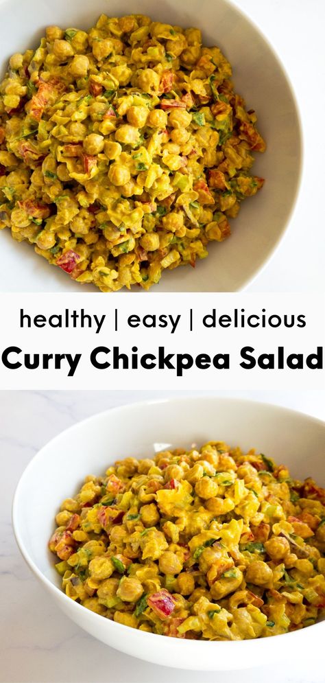 This healthy curry chickpea salad recipe is a favorite of mine for preparing healthy wraps and sandwiches. The chickpea salad is super easy to make, tastes great and is filled with nutritious ingredients. This curried chickpea salad is perfect for making a quick and healthy lunch or dinner. Plus, you can make a few extra servings for meal prep. #chickpeasalad #healthywrap #chickpeasandwich #easylunch #healthyrecipe #quickrecipe Vegan Chickpea Curry Salad, Lunches With Chickpeas, Chickpea Salad Recipes Vegan, Chickpea Salads For Lunch, Chickpea Potato Salad, Vegetarian Lunch Ideas Chickpea, Best Chickpea Salad Recipe, Curried Chickpea Salad Recipe, Chopped Chickpea Salad