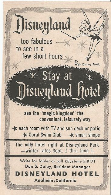 Disneyland Hotel Anaheim, Disneyland Usa, Hotel Advertisement, Vintage Disney Posters, Retro Disney, Sunset Magazine, Disneyland Hotel, Disney Posters, Paper Items