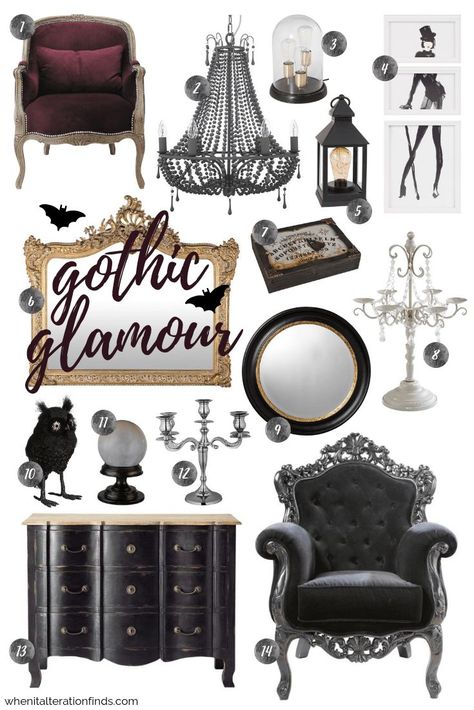 Goth Glam Decor Diy, Gothic Chic Halloween Decor, Glam Goth Bedroom, Classy Goth Decor, Dark Glam Bedroom Decor, Goth Appartement, Whimsical Goth Bedroom, Gothic Chic Decor, Dark Decor Ideas