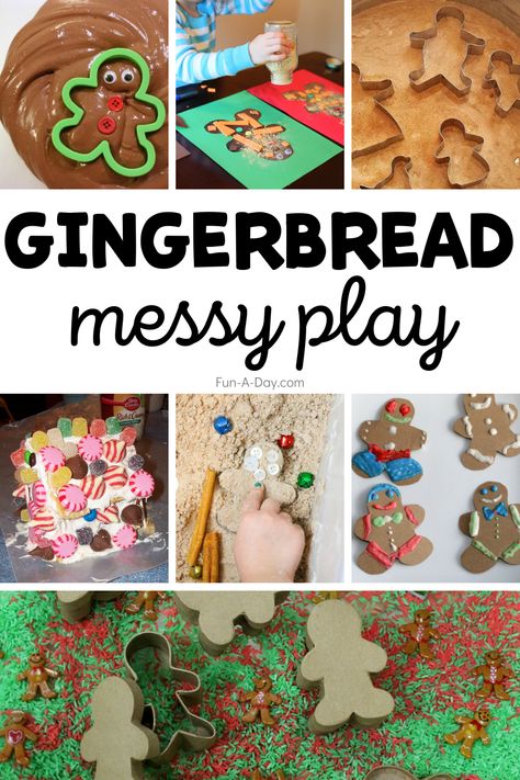 10 gingerbread messy play ideas your kids are going to love! You'll find art, sensory, and science activities perfect for your next gingerbread man theme (or just because)! Click on the Fun-A-Day.com link to read all about it. Gingerbread Activities For Preschool, Gingerbread Preschool, Preschool Gingerbread, December Preschool, Messy Play Ideas, Gingerbread Unit, Gingerbread Man Activities, Gingerbread Activities, Play Ideas For Kids