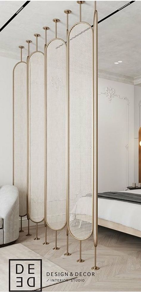 Scandinavian Divider, Headboard Partition Wall, Metal Partition Design Living Rooms, Wall Divider Design, Metal Partition Design, Cane Partition, Room Divider Living Room, Divider Room, Glass Partition Designs