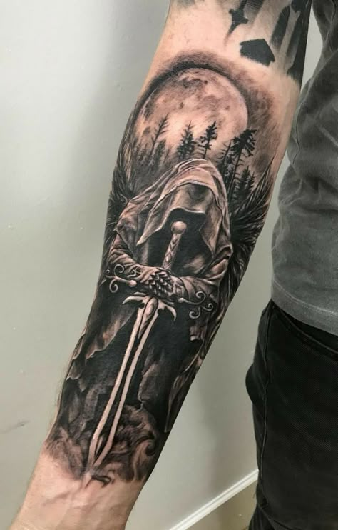 Warrior Angel Tattoo, Warrior Angel, Salvation Tattoo, Skull Sleeve Tattoos, Skull Sleeve, Cross Tattoos, Forarm Tattoos, Mens Shoulder Tattoo, Warrior Tattoos