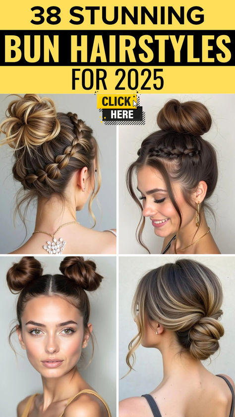 A vibrant collage showcasing 38 stunning bun hairstyle ideas for 2025. The image highlights a mix of chic and trendy bun styles, including braided buns, messy buns, sleek low buns, and double buns, perfect for all hair types and occasions. Ideal inspiration for anyone looking to refresh their hairstyle game with fashionable and versatile bun options. Ball Buns Hairstyles, Different Hair Bun Styles, Low Pony Bun Hairstyles, Los Bun Hairstyles, Easy Flight Attendant Hairstyles, Cool Bun Hairstyles, Formal High Bun Updo, Messy Bun Hairstyles Wedding, Cute Bun Hairstyles For Medium Hair