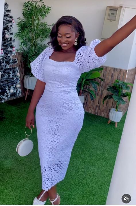 Chantilly Lace Styles Nigeria, White Lace Styles For Ladies, Ankara White Dress Styles, White Dress For Naming Ceremony In Ghana, Simple White Lace Dress Short, White Lace Dress Short Classy, White Dress Styles For Church, White Ankara Lace Dress Styles, Lace Dress Classy For Church