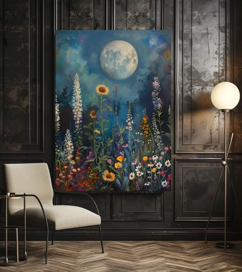 ️ Moon and Wildflower Garden Canvas Art - Embrace the Magic of Nature's Dance! 🌿🎨 Step into a realm of enchantment and tranquility with our exquisite Moon and Wildflower Garden Canvas Art, a mesmerizing fusion of celestial beauty and earthly abundance. This captivating artwork invites you to immerse yourself in the serene splendor of a moonlit garden, where wildflowers sway in the gentle breeze beneath the shimmering glow of the moon, creating a scene of timeless harmony and natural wonder. Re Mystical Home Decor, Bedroom Painting Ideas Canvas, Long Canvas Art, 3 Canvas Painting Ideas, Mystical Paintings, Galaxy Wall Art, Moonlit Garden, Night Sky Art, Extra Large Canvas Art