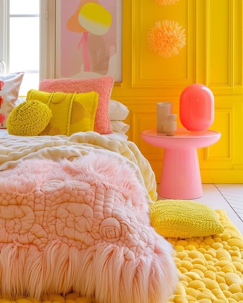 Day 3 of sharing some super fun ways to bring yellow accents into your interiors. Bold, bright, and oh-so-fresh! 💛💛💛. -> These images are designed with help of AI. The pieces in the images are not real. It’s a big dream to turn these designs into reality one day 🩷 #creative_by_sabina #aiart #aiartcommunity #aiinterior #interior #interiordesign #interiorinspiration #colorfulliving #interieur #interieurinspiratie #kleurrijkwonen #scandinavianliving #nordicliving Rainbow Aesthetic Bedroom, Pink Yellow Interior, Bright Color Bedroom Ideas, Yellow And Purple Aesthetic, Pink And Yellow Bedroom, Pink Yellow Aesthetic, Kitschy Style, Yellow Rooms, Funky Interior