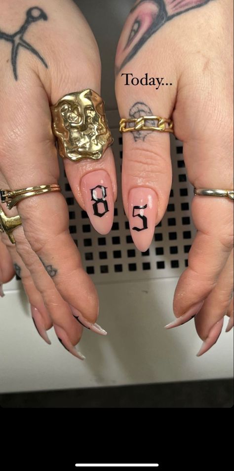 Nail Writing Designs, 1997 Nail Design, Old English Numbers On Nails, Football Nails Design With Number, Old English Nail Art, 2001 Nail Designs, Football Number Nails, Birth Year Nails Design, Nail Designs With Numbers