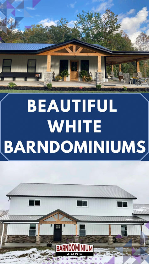 White Barndominiums White And Brown Barndominium, White Barndominium Black Trim, White Barndominium Exterior With Stone, Black And White Barndominium, White Barndominium Exterior, White Barndominium, Barndominium Pictures, Barndominium Exterior, Barndo Plans