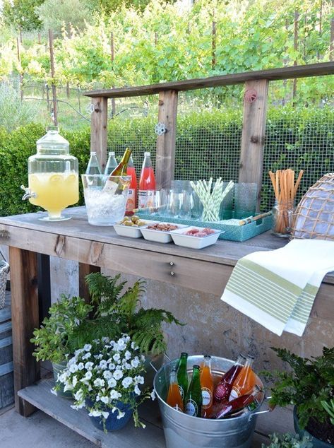 Potting Bench Bar, Porch Party, Summer Market, Beverage Bar, Outdoor Kitchen Bars, Potting Table, Party Hardy, Fall Garden Vegetables, Patio Inspiration